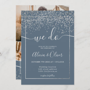 Silver foil dusty blue photo initials wedding invitation