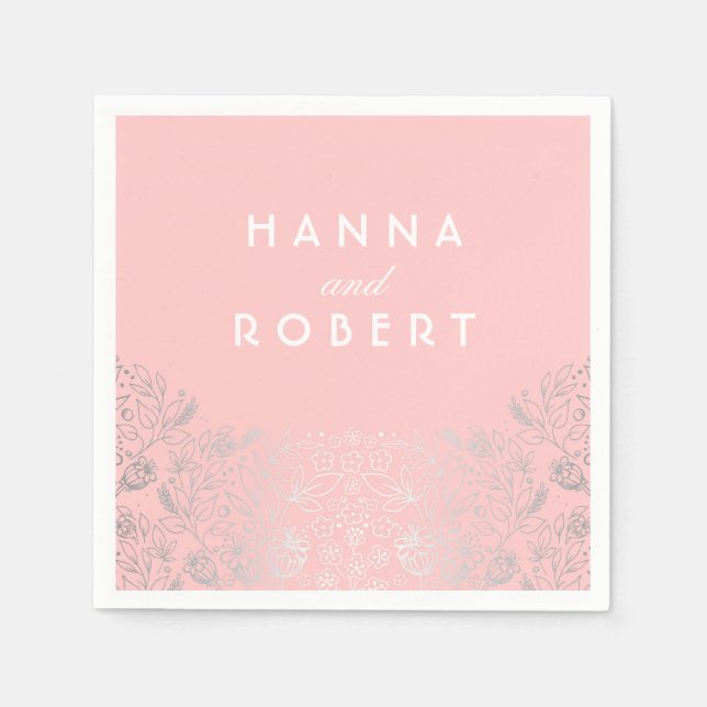 Silver Foil Effect Floral Countryside Pink Wedding Napkin (Front)