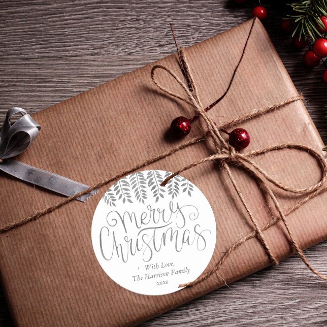 Silver Foil Effect Typography Merry Christmas Classic Round Sticker (Creator Uploaded)