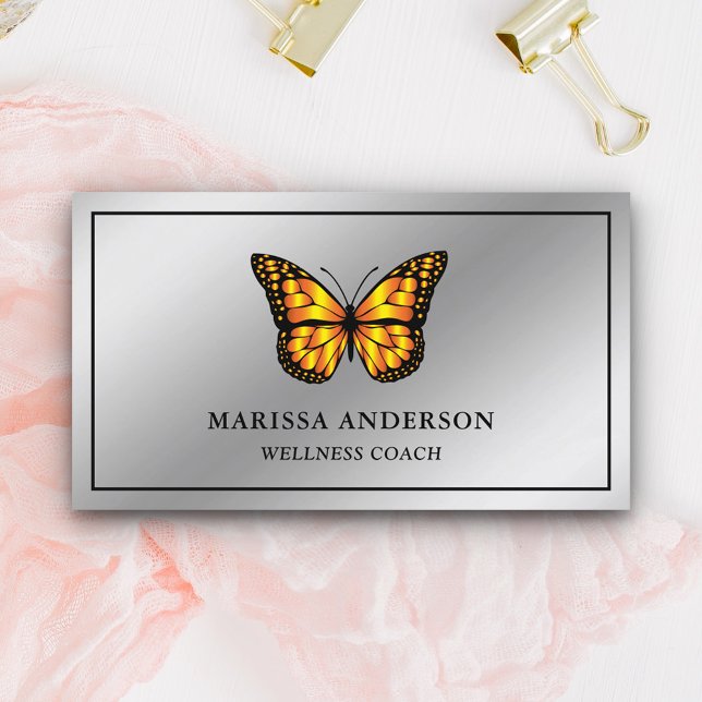 Silver Foil Elegant Orange Monarch Butterfly Business Card (Creator Uploaded)
