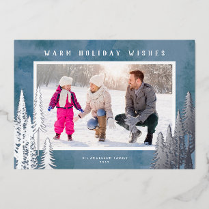 Silver Foil Evergreen Trees Blue Christmas Foil Holiday Card
