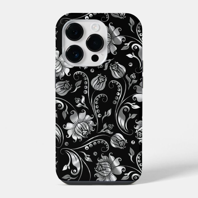Silver Foil Floral Damasks Pattern iPhone Case (Back)
