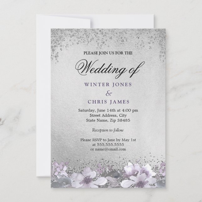 Silver Foil Floral Purple Wedding Invitation (Front)