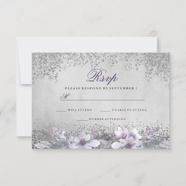 Silver Foil Floral Purple Wedding RSVP Card (Front)