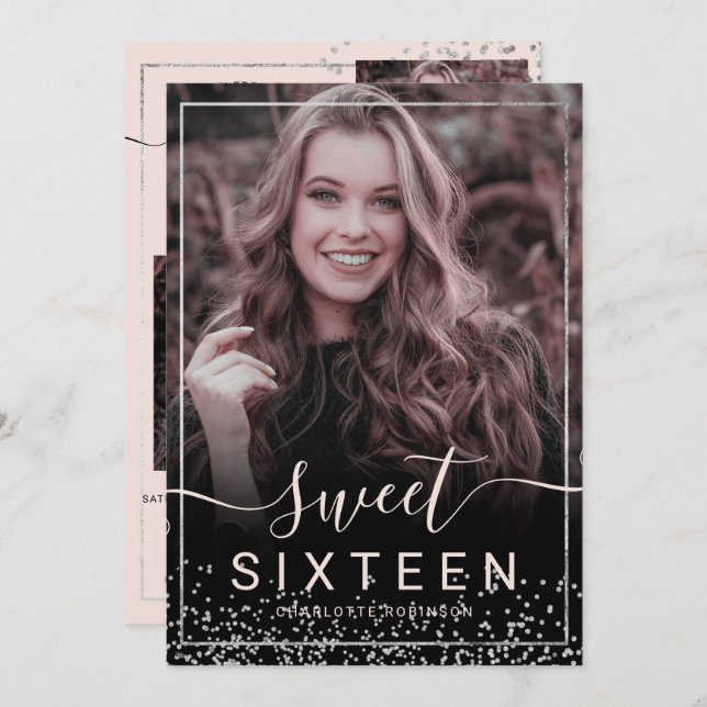 Silver foil frame confetti pink 5 photos sweet 16 invitation (Front/Back)
