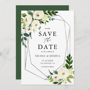 Silver Foil Geometric White Floral Frame Spring Save The Date