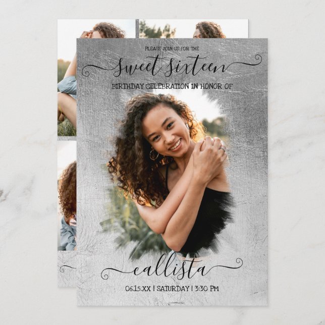 Silver Foil Halo Photo Collage Sweet 16 Invitation (Front/Back)