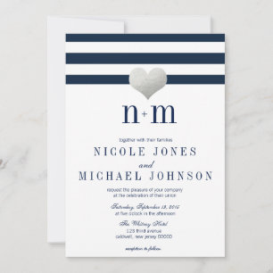 Silver Foil Heart + Stripes Wedding Invitations