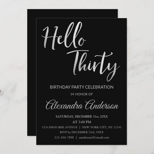 Silver Foil Hello 30 Thirty Birthday Party Invitation (Front/Back)