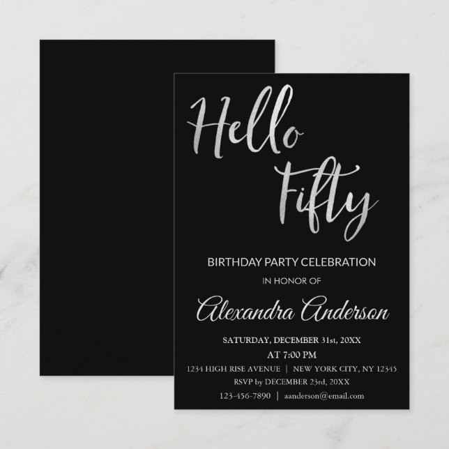 Silver Foil Hello 50 Fiftieth Birthday Party Invitation (Front/Back)