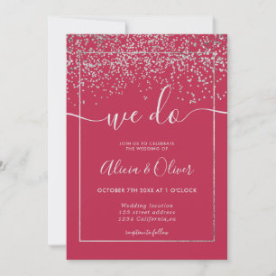 Silver foil magenta photo initials wedding invitation