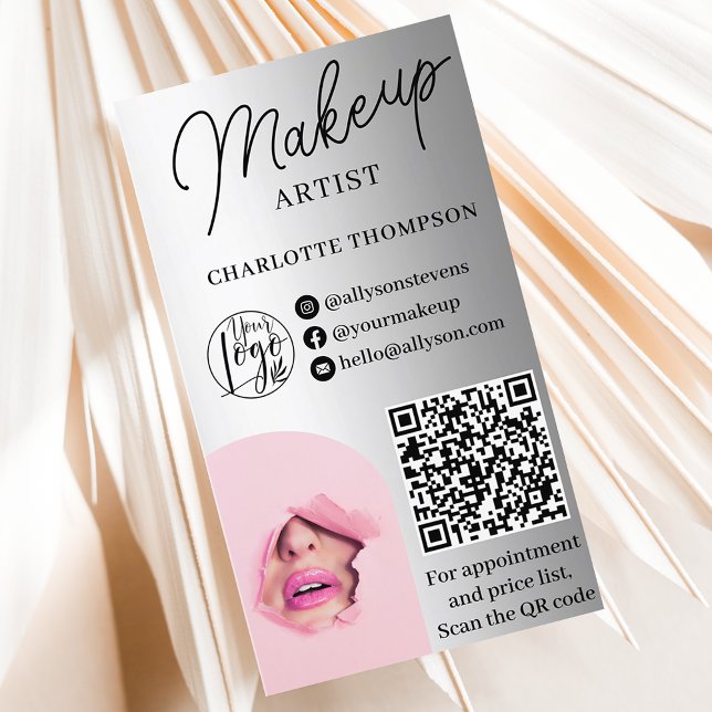 Silver foil makeup logo Qr code 2 photos Business Card (Silver foil makeup logo Qr code 2 photos Business Card)