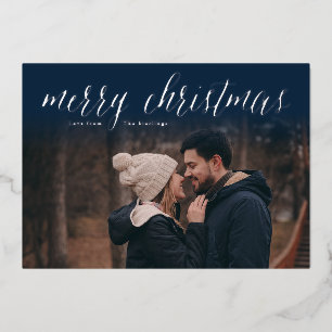 Silver Foil Merry Christmas Photo Card   Navy Blue