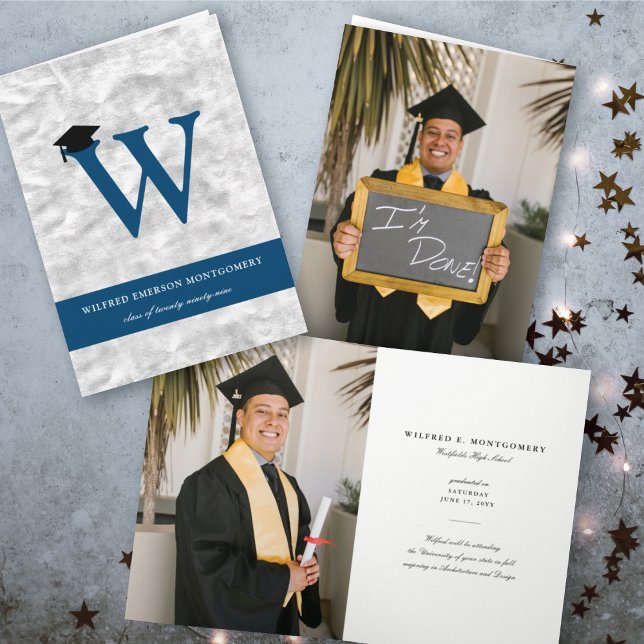 Silver Foil Monogram Alphabet W Modern Photo Grad Invitation (Creator Uploaded)