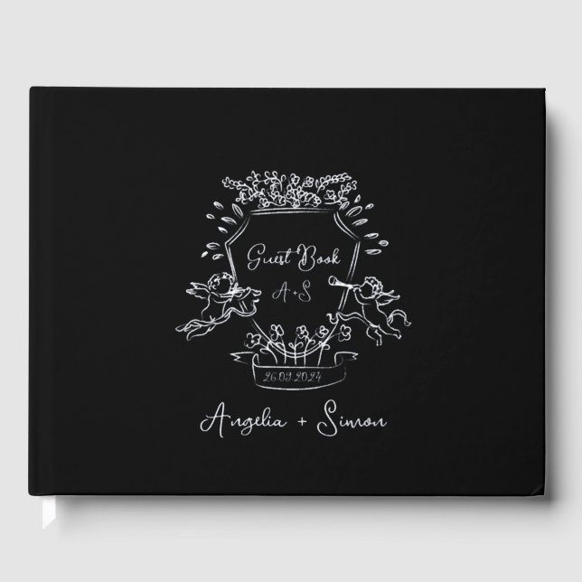 Silver Foil Monogram Black Wedding Guest Book (Front)