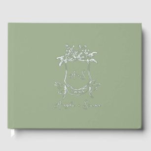 Silver Foil Monogram Sage Green Wedding Guest Book