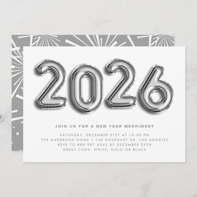 Silver Foil Mylar Balloons New Year's Eve Party Invitation (Front/Back)
