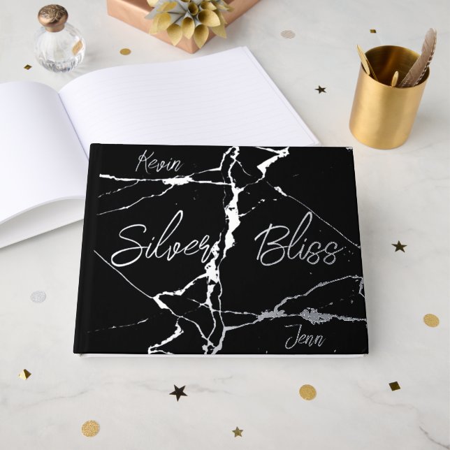 Silver Foil on Black 25th Wedding Anniversary | Guest Book (Front Open)