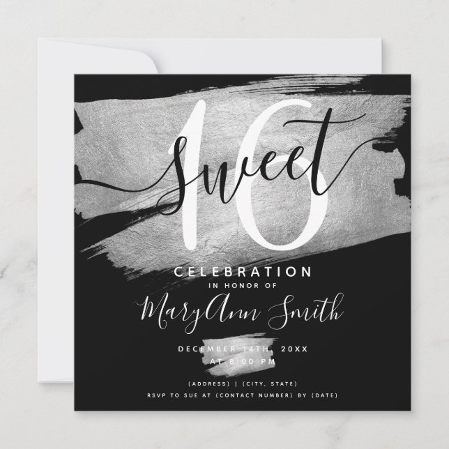 Silver Foil Paint Sweet 16th Birthday Black  Invitation (Front)