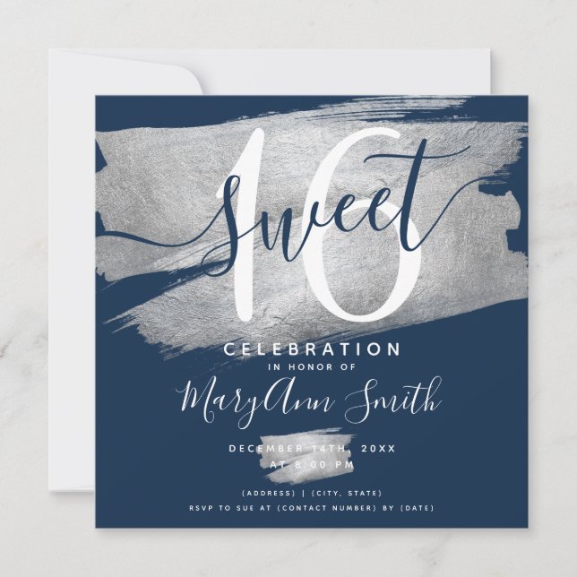 Silver Foil Paint Sweet 16th Birthday Navy  Invitation (Front)