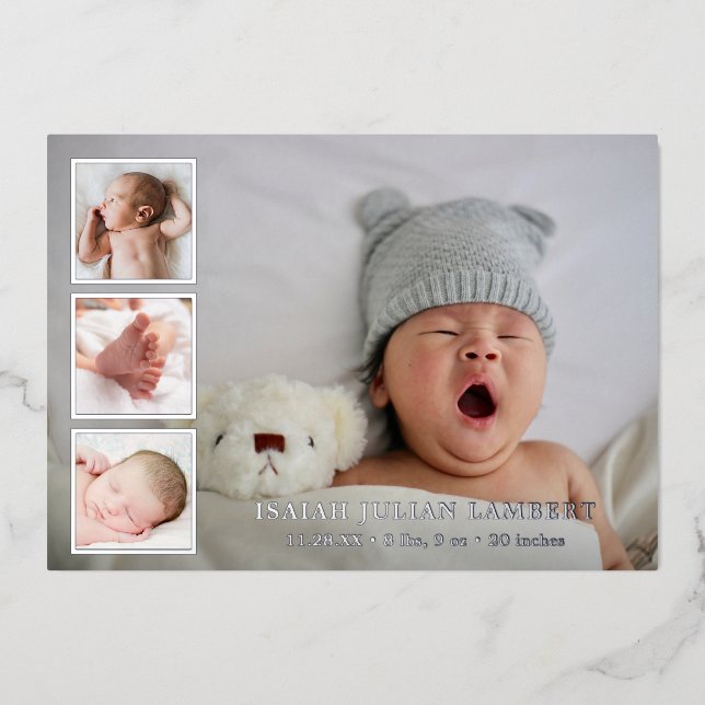 Silver Foil Photo Collage Boy Birth Announcement (Front)
