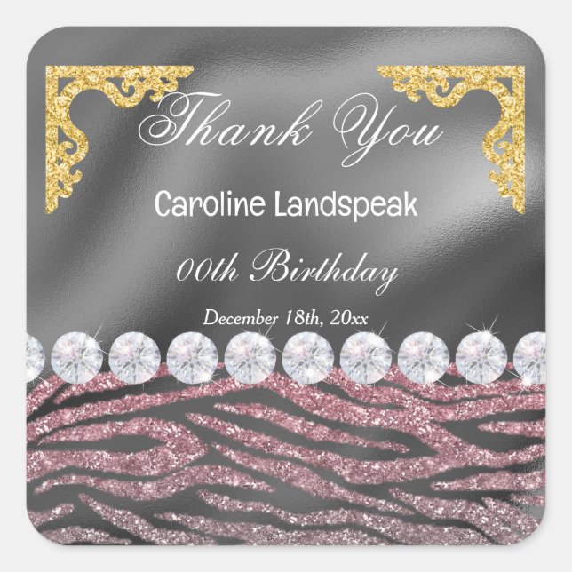 Silver Foil, Pink Glitter Zebra Print Birthday Square Sticker (Front)