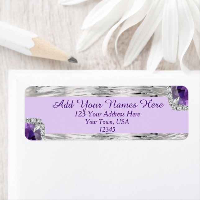 Silver Foil Purple Amethyst Gem Return Address Label (Insitu)