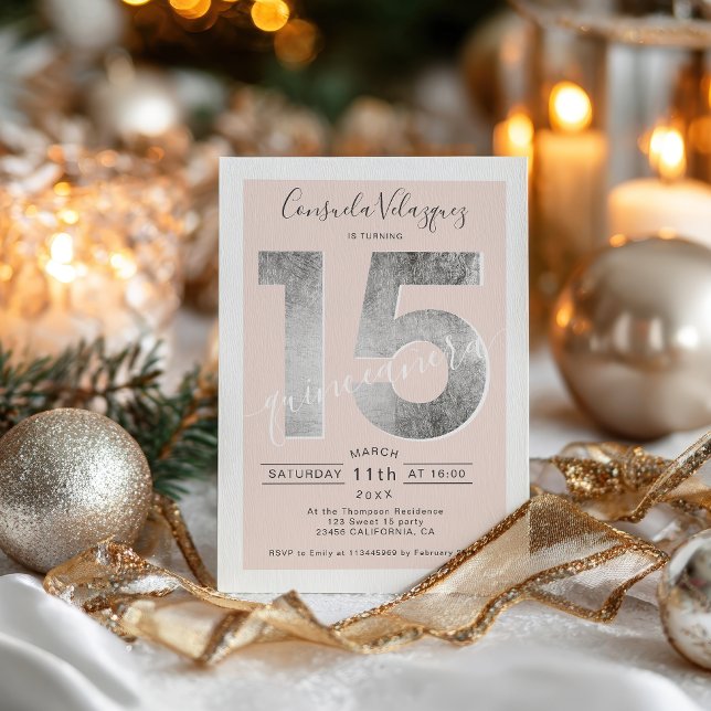 Silver foil script blush quinceanera photo invitation (Silver foil script blush quinceanera photo invitation)
