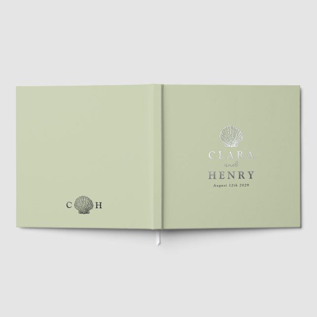 Silver Foil Seashell Monogram Wedding Guest Book (Full)