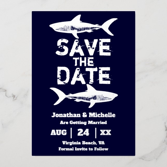 Silver Foil Shark Beach Save the Date (Front)