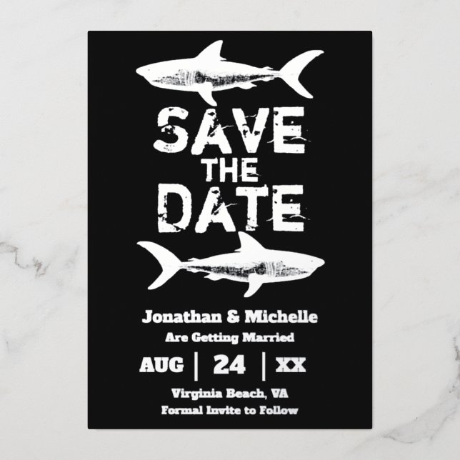 Silver Foil Shark Beach Wedding Save the Date (Front)