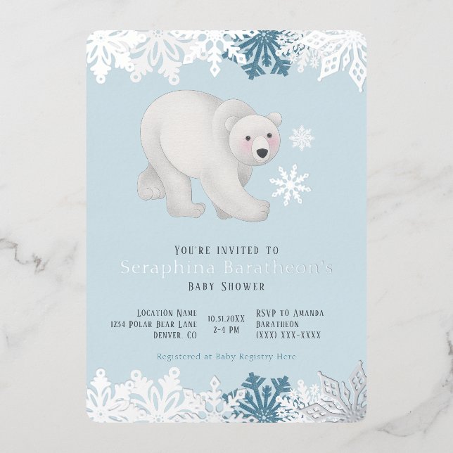 Silver Foil Snowflake Polar Bear Baby Shower (Front)
