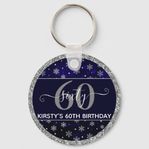 Silver Foil Snowflakes & blue bokeh 60th Birthday Key Ring