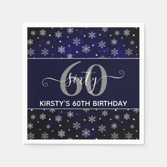 Silver Foil Snowflakes & blue bokeh 60th Birthday Napkin (Front)