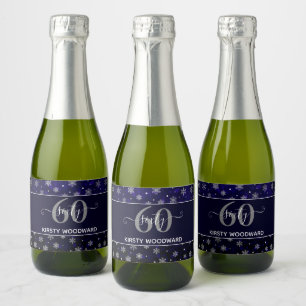 Silver Foil Snowflakes & blue bokeh 60th Birthday Sparkling Wine Label
