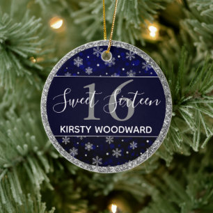 Silver Foil Snowflakes & blue bokeh Sweet 16 Ceramic Ornament