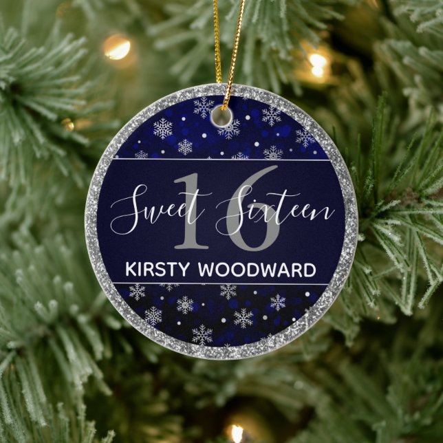 Silver Foil Snowflakes & blue bokeh Sweet 16 Ceramic Ornament (Tree)