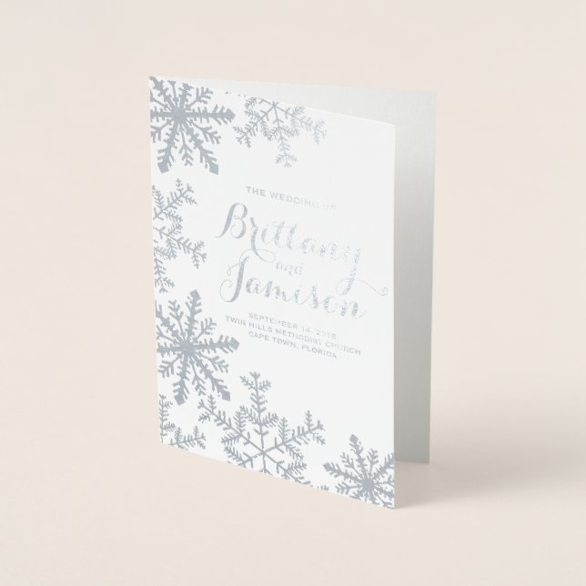 Silver Foil Snowflakes Winter Wedding Program Card (Front)
