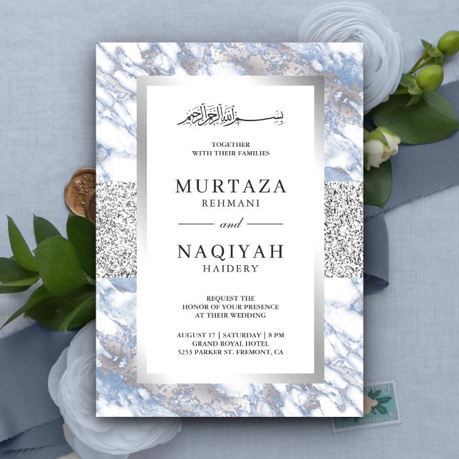 Silver Foil Soft Blue Marble Muslim Wedding Invitation (Creator Uploaded)