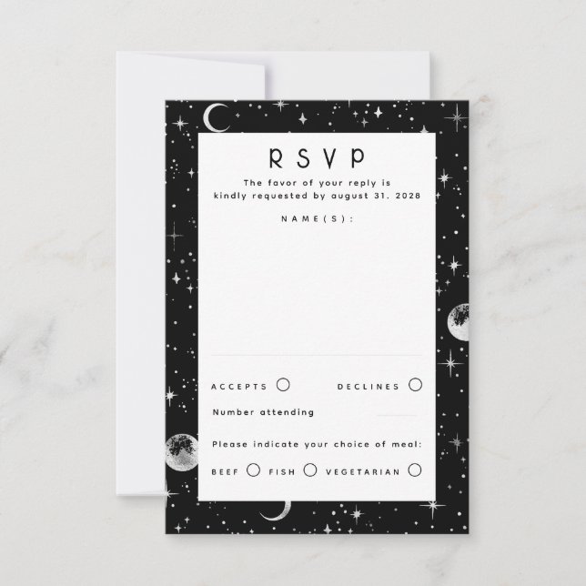Silver Foil Stars Celestial Wedding RSVP Card (Front)