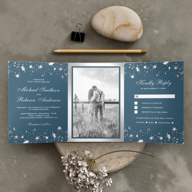Silver Foil Stars Confetti Dusty Blue Wedding Tri-Fold Invitation (Creator Uploaded)