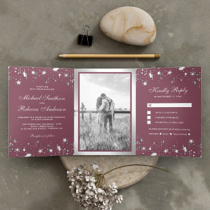 Silver Foil Stars Confetti Dusty Pink Wedding Tri-Fold Invitation