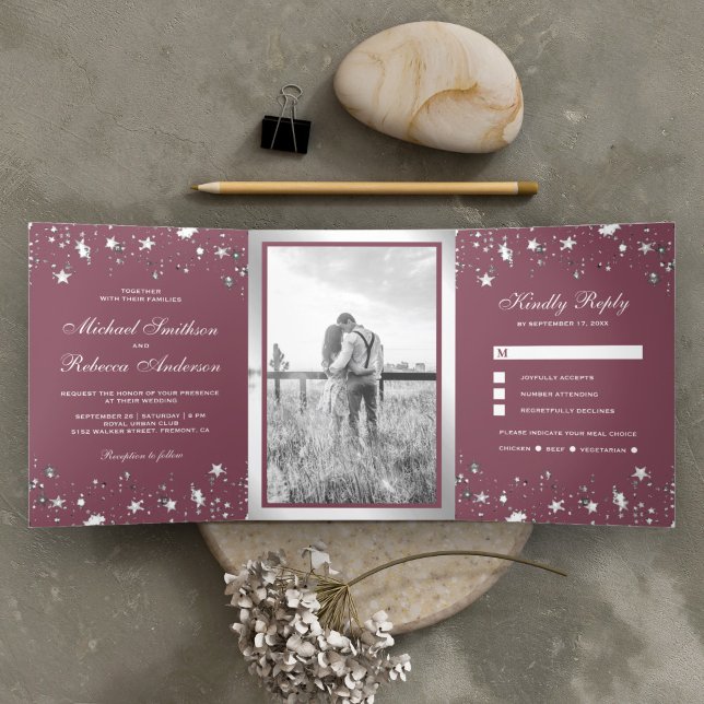 Silver Foil Stars Confetti Dusty Pink Wedding Tri-Fold Invitation (Creator Uploaded)