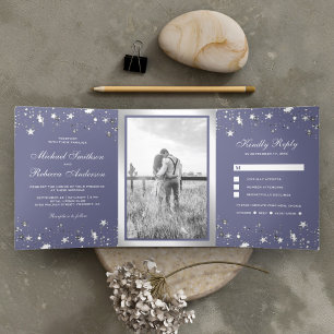 Silver Foil Stars Confetti Dusty Purple Wedding Tri-Fold Invitation