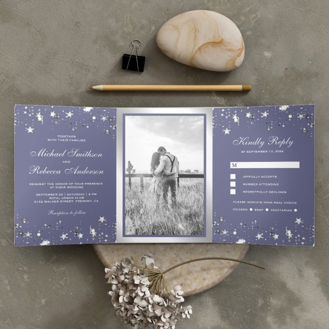 Silver Foil Stars Confetti Dusty Purple Wedding Tri-Fold Invitation (Creator Uploaded)