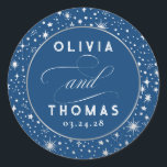Silver Foil Stars Mystical Celestial Wedding Classic Round Sticker<br><div class="desc">Starry night celestial wedding navy blue stickers</div>