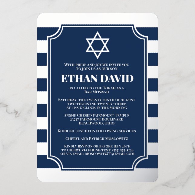 Silver Foil Striped Bar Mitzvah Invite with Star (Front)