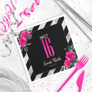 Silver Foil Stripes Floral Hot Pink ID759 Napkin