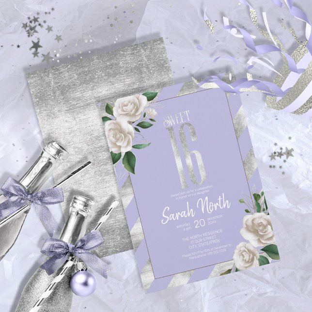Silver Foil Stripes Floral Lavender ID759 Invitation (Creator Uploaded)