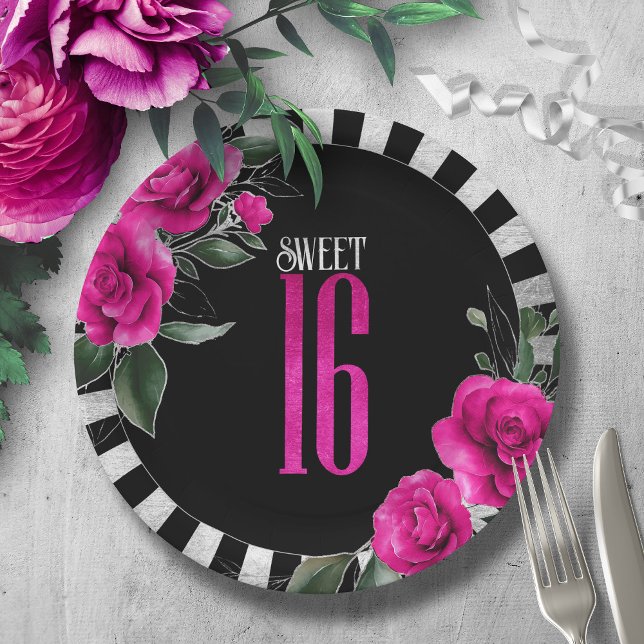Silver Foil Stripes Floral Sweet 16 Hot Pink ID757 Paper Plate (Creator Uploaded)